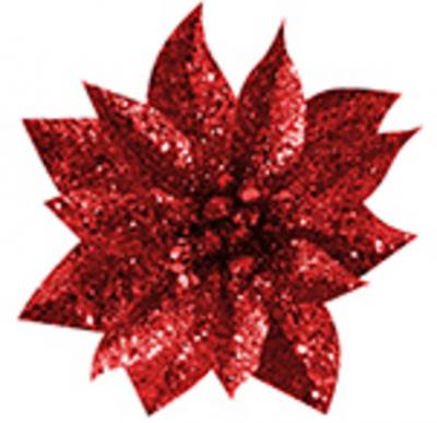 Decoration Flower GlitterPoinsettia, with clip, red, 9x8cm, 6 pcs