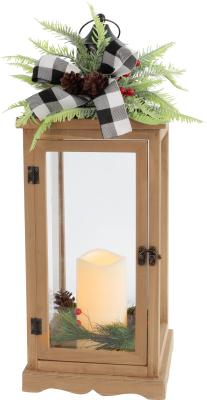 Decoration MagicHome Christmas, Lantern with spruce and bow, 1 LED, 3xAAA, flame effect, timer, wood