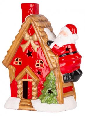 2.TRIEDA Dekorácia MagicHome Vianoce, Domček so santom na streche, LED, terakota, 2xAAA, 27x13x34 cm