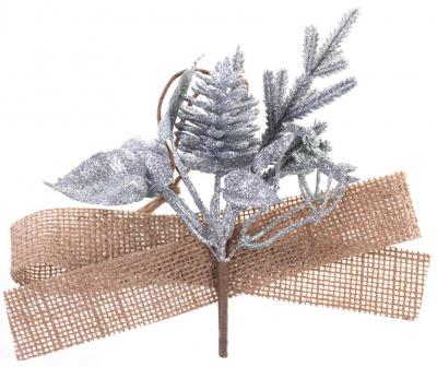 Decorative branch MagicHome Christmas, with pine cone and jute ribbon, gold, 17 cm, pack 6 pcs