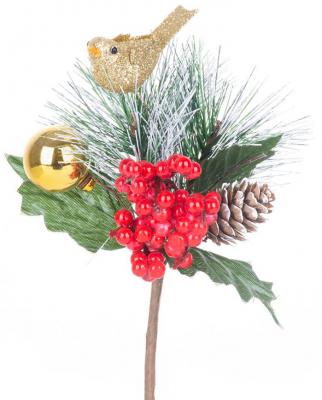 Decorative branch MagicHome Christmas, with bird, red - gold, 16 cm, pack 6 pcs