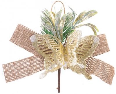 Decorative branch MagicHome Christmas, with butterfly and jute ribbon, gold, 18 cm, pack 6 pcs