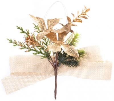 Decorative branch MagicHome Christmas, with butterflies and jute ribbon, gold, 19 cm, pack 6 pcs