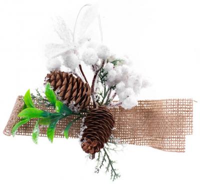 Decorative branch MagicHome Christmas, with pine cones and jute ribbon, white, 15 cm, pack 6 pcs