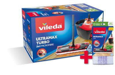Cleaning Set Vileda Ultramax TURBO Microfibre 2in1, mop + bucket + soft care refill, 2 refills